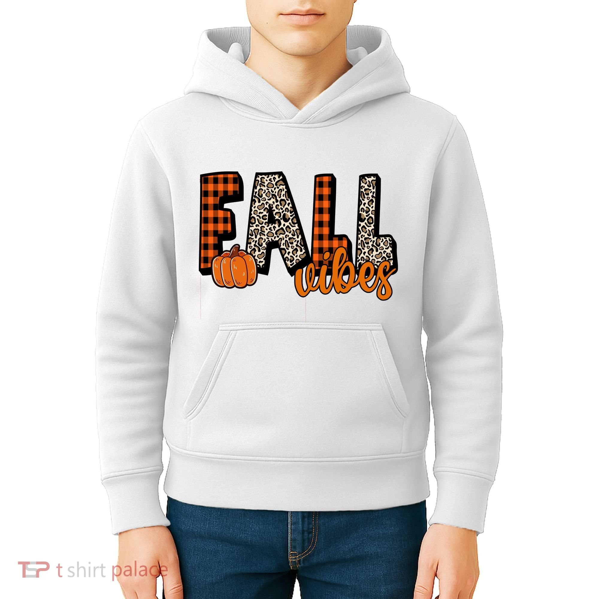 Fall Vibes Pumpkin Plaid Cheetah Kids Hoodie