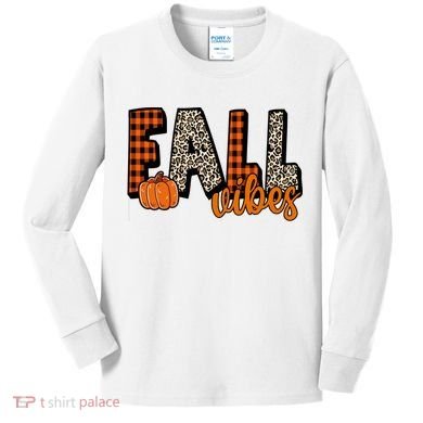 Fall Vibes Pumpkin Plaid Cheetah Kids Long Sleeve Shirt