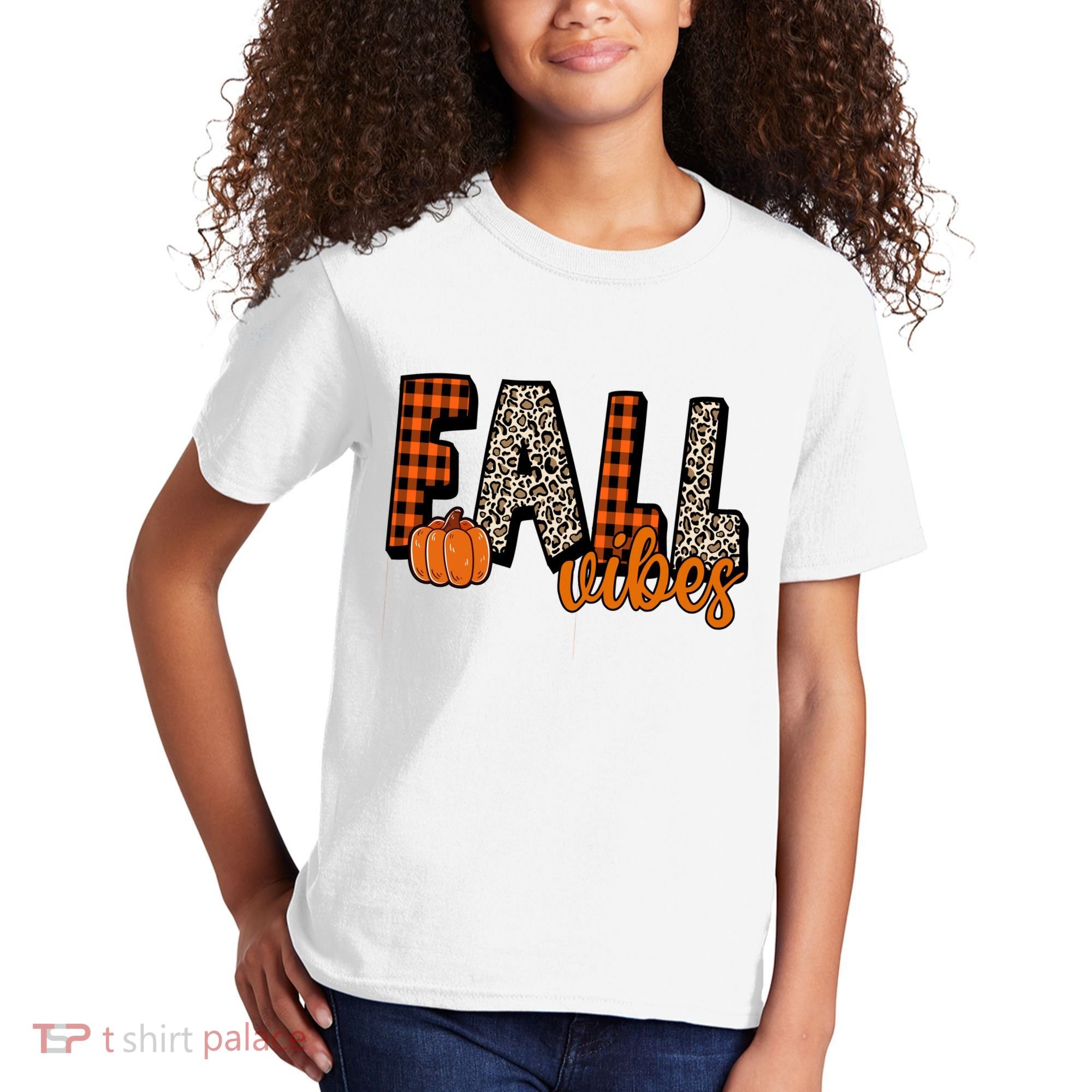 Fall Vibes Pumpkin Plaid Cheetah Kids T-Shirt