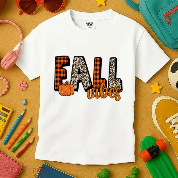 Fall Vibes Pumpkin Plaid Cheetah Kids T-Shirt