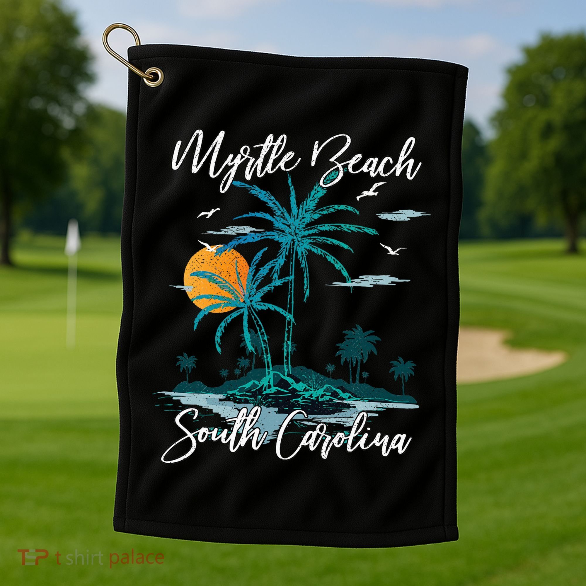 Family Vacation Retro Sunset South Carolina Myrtle Beach Golf Towel