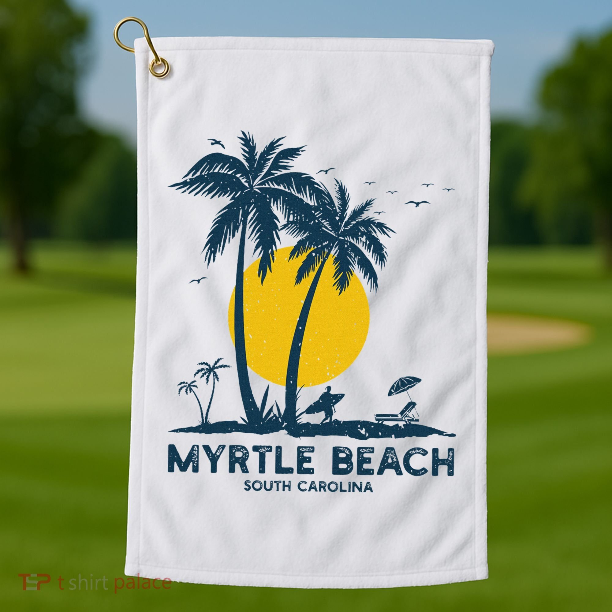 Family Vacation Retro Sunset South Carolina Myrtle Beach Golf Towel