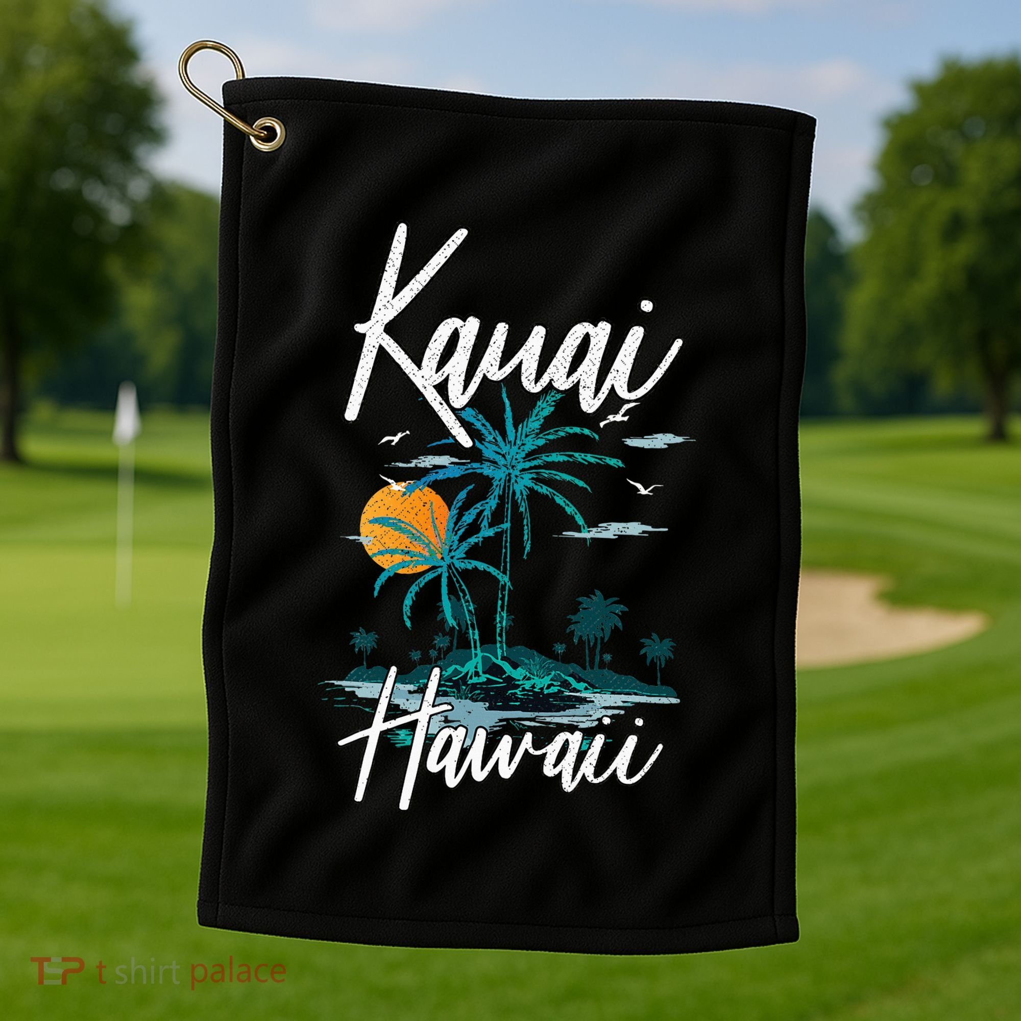 Family Vacation Retro Sunset Hawaii Kauai Golf Towel