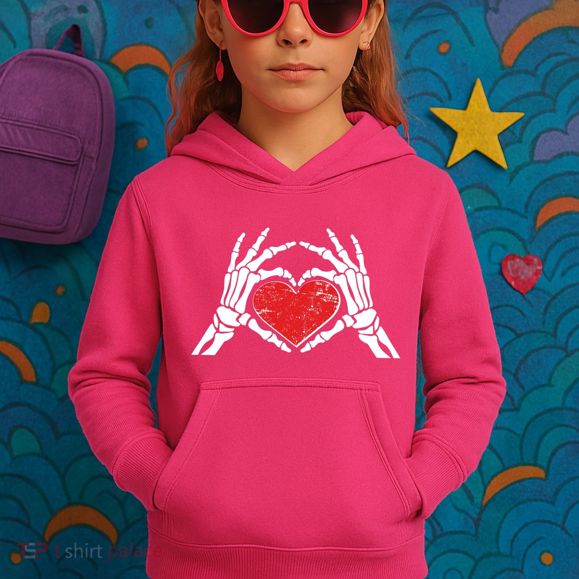 Funny Valentine Skeleton Bone Hands Heart Kids Hoodie