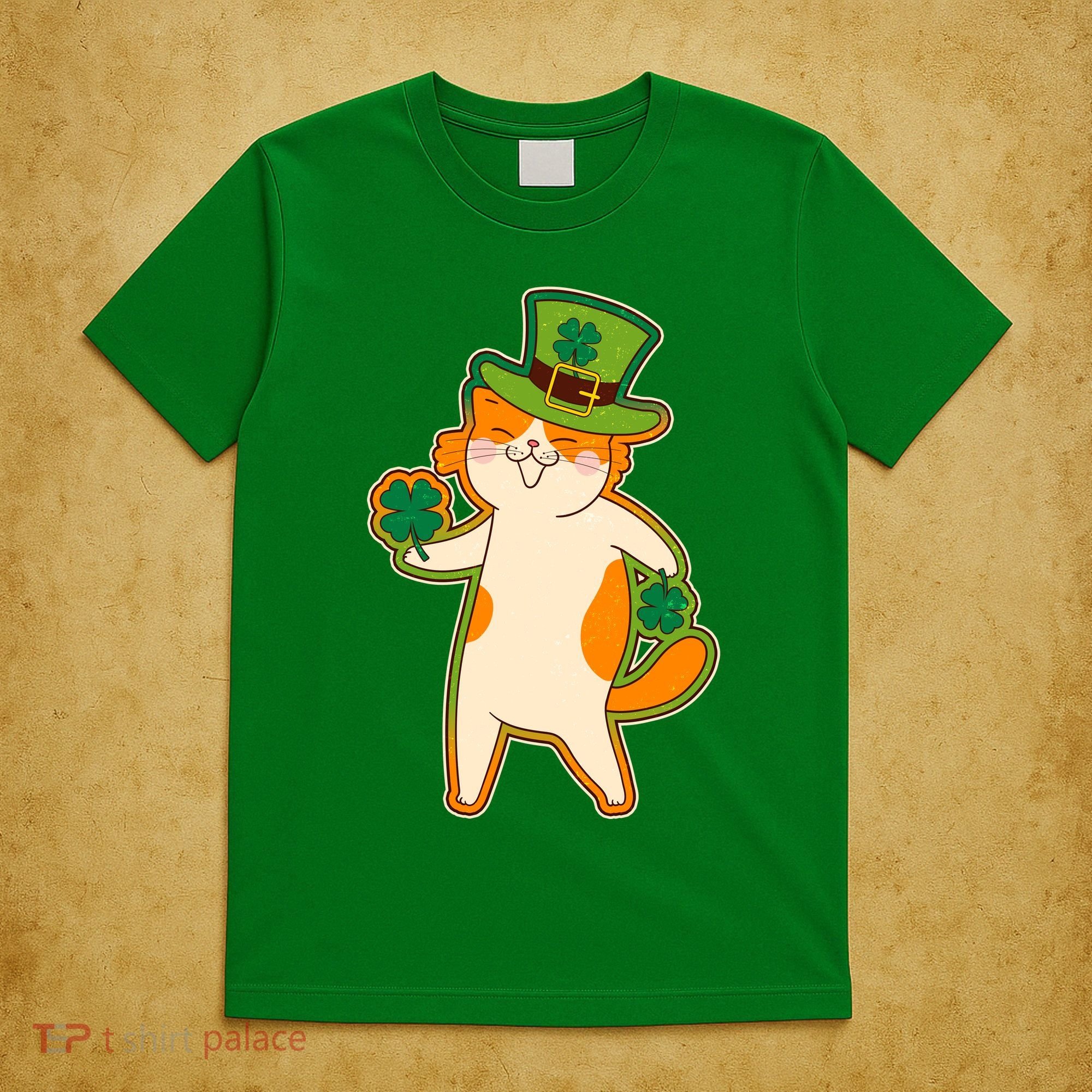 Funny Vintage St Patricks Day Leprechaun Shamrock Clover Cat T-Shirt