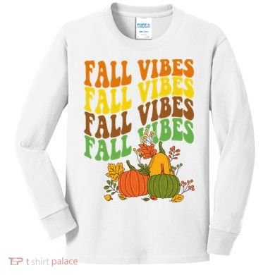 Fall Vibes Season Retro Pumpkin Kids Long Sleeve Shirt