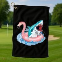 Funny Vacation Time Flamingo SwimTube Shark Golf Towel thumb 1