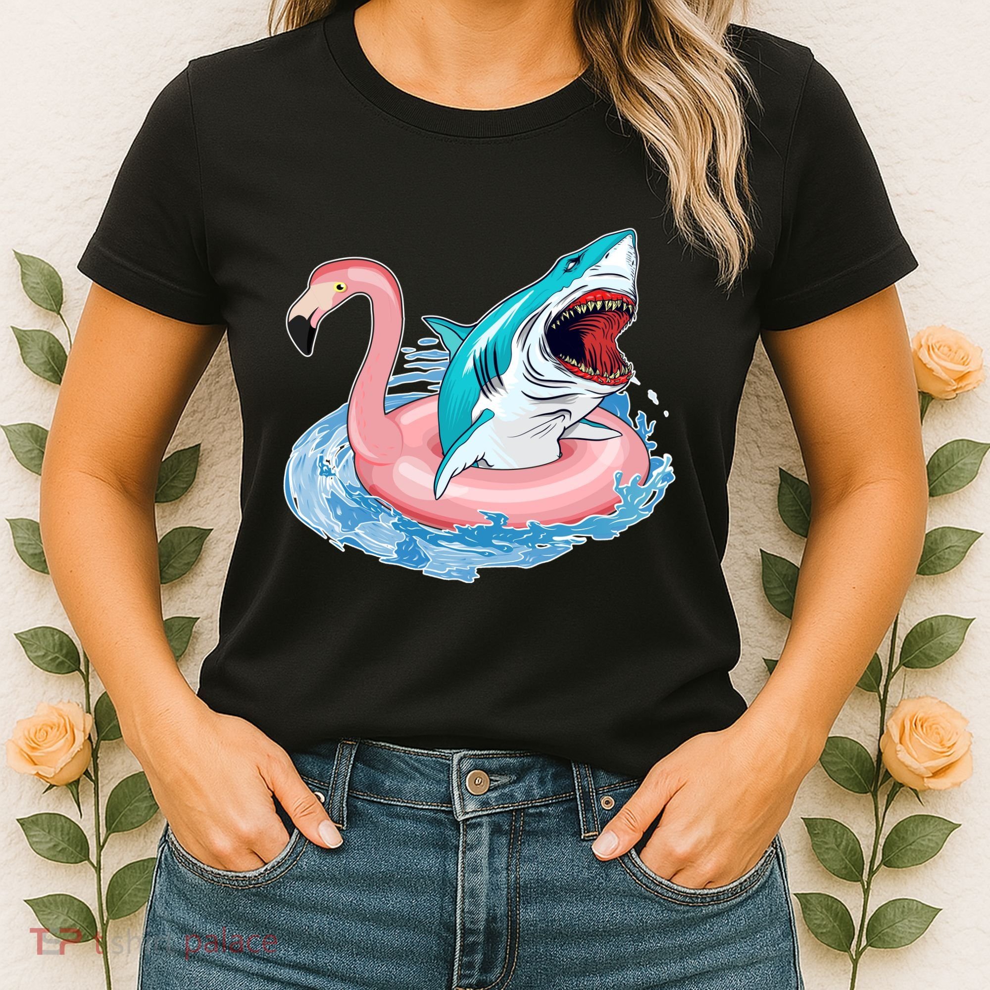 Funny Vacation Time Flamingo SwimTube Shark Women's T-Shirt