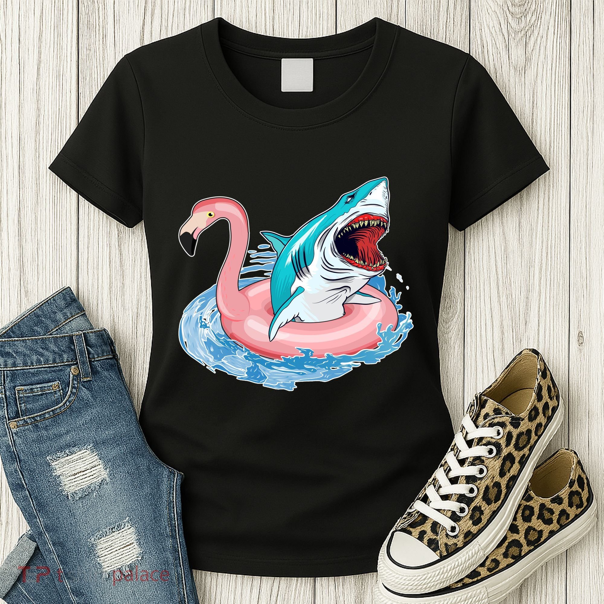 Funny Vacation Time Flamingo SwimTube Shark Women's T-Shirt