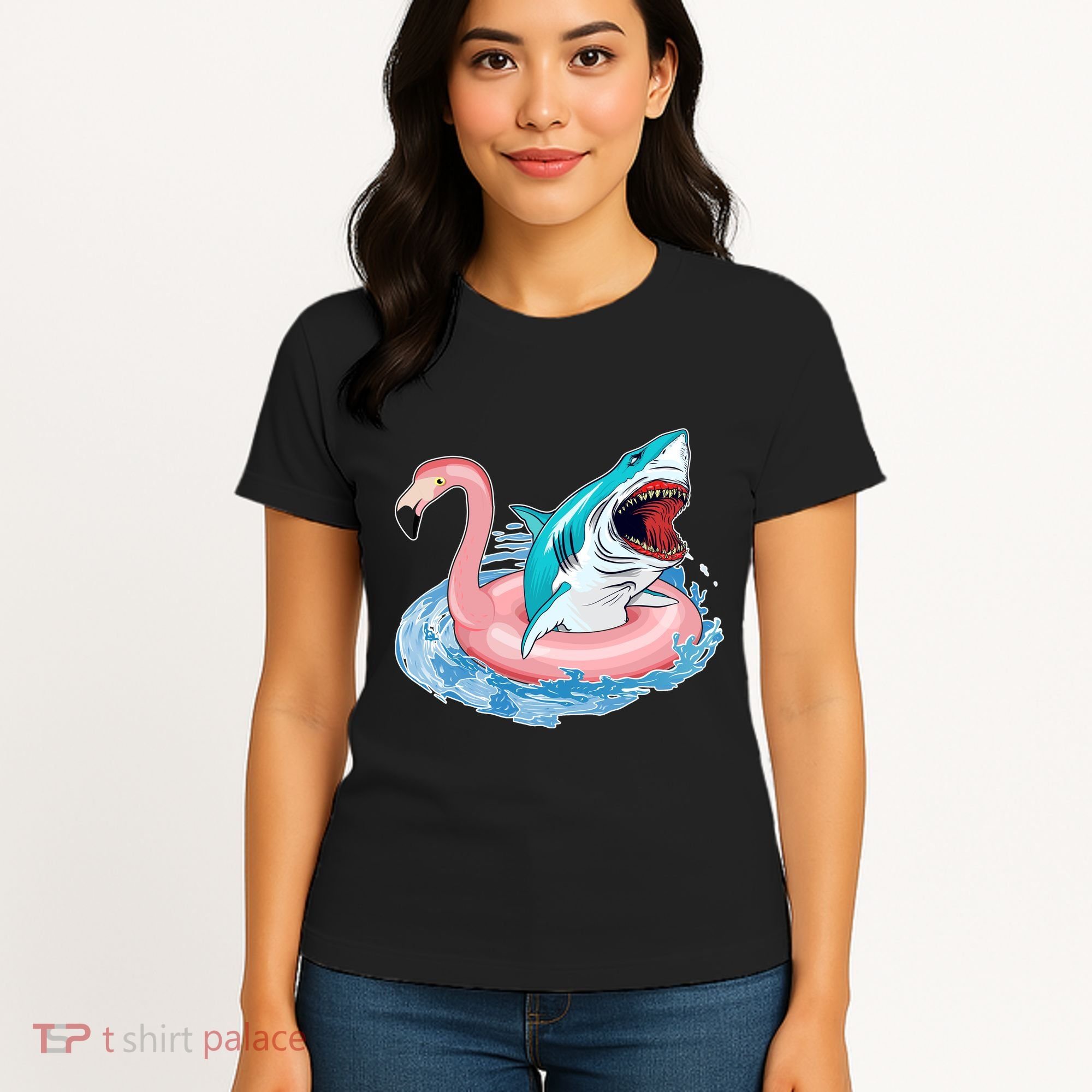 Funny Vacation Time Flamingo SwimTube Shark Women's T-Shirt