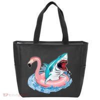 Funny Vacation Time Flamingo SwimTube Shark Tote Bag thumb 0