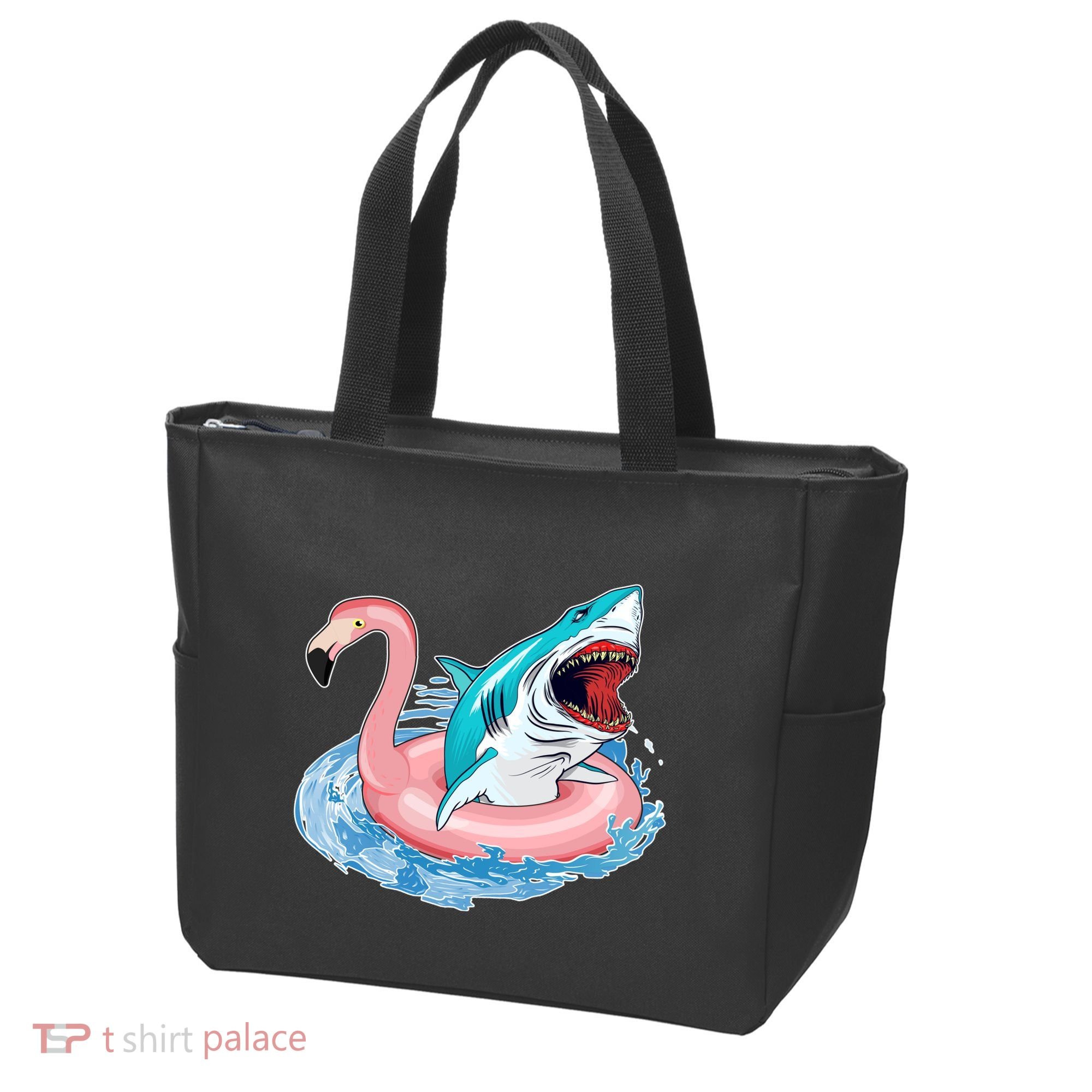 Funny Vacation Time Flamingo SwimTube Shark Tote Bag