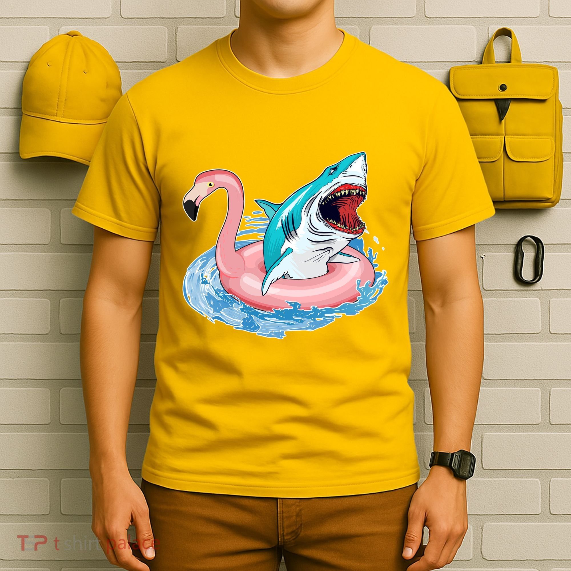 Funny Vacation Time Flamingo SwimTube Shark T-Shirt