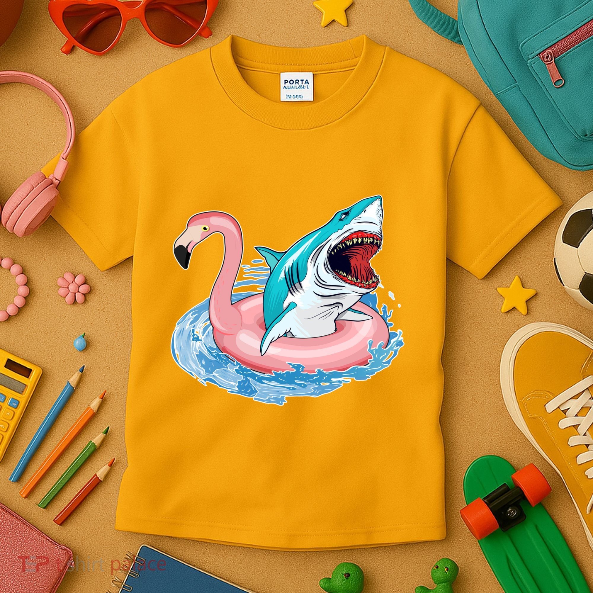 Funny Vacation Time Flamingo SwimTube Shark Kids T-Shirt