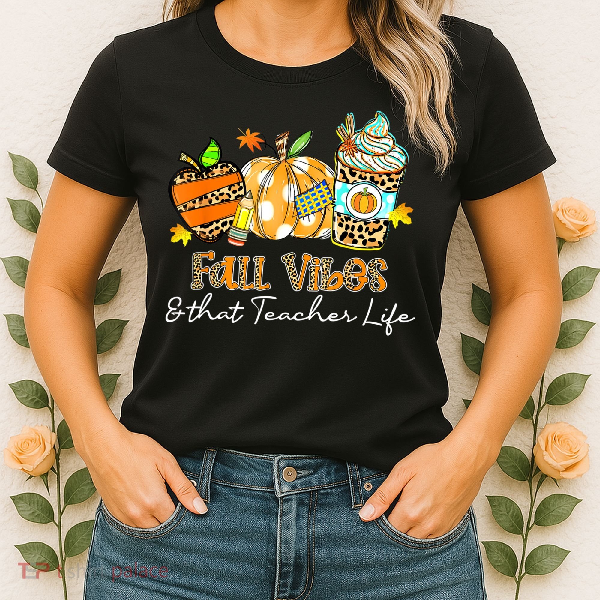 Fall Vibes & That Teacher Life Apple Pencil Pumpkin Fall Women's T-Shirt