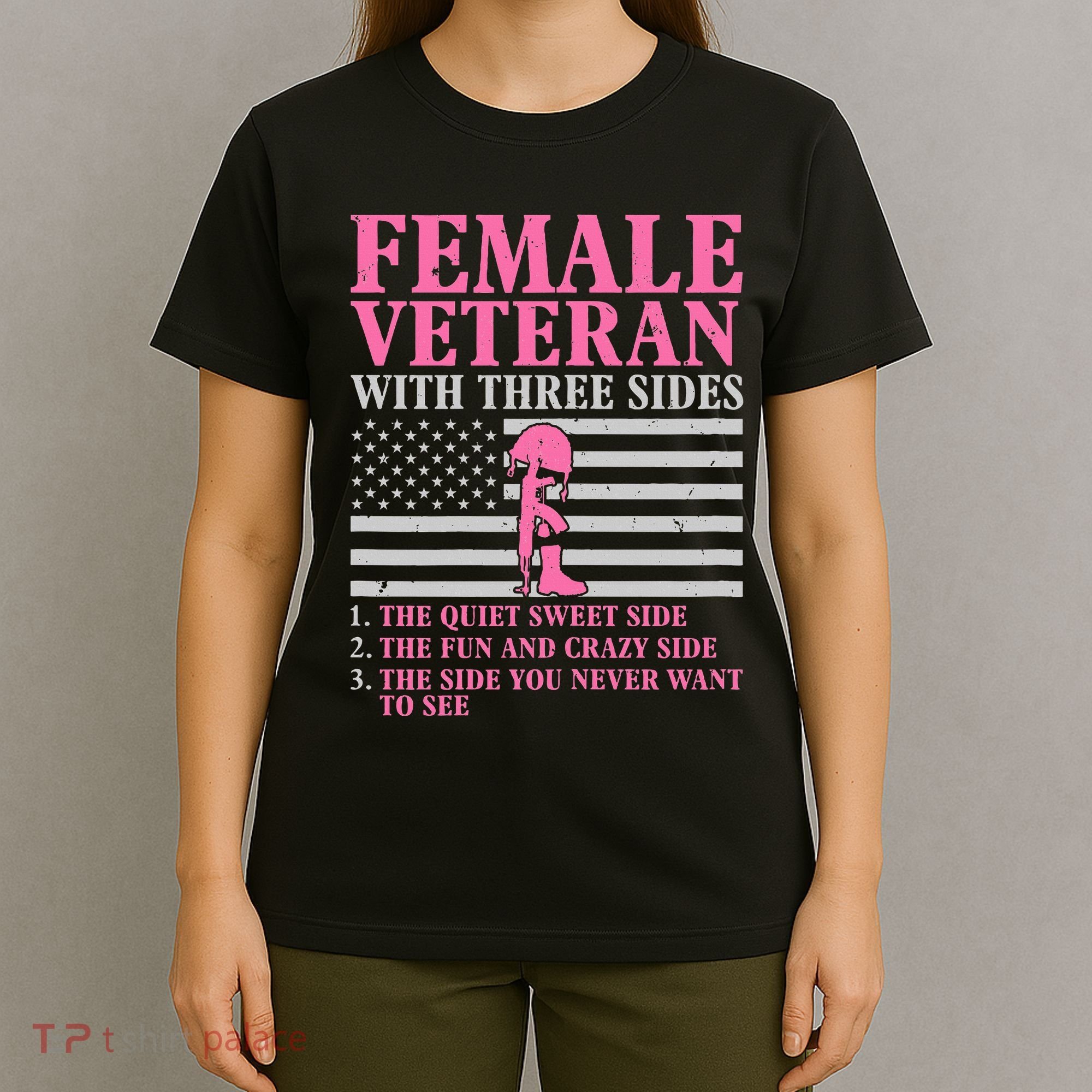 Female Veteran With Three Sides Women Veteran Mother Grandma T-Shirt