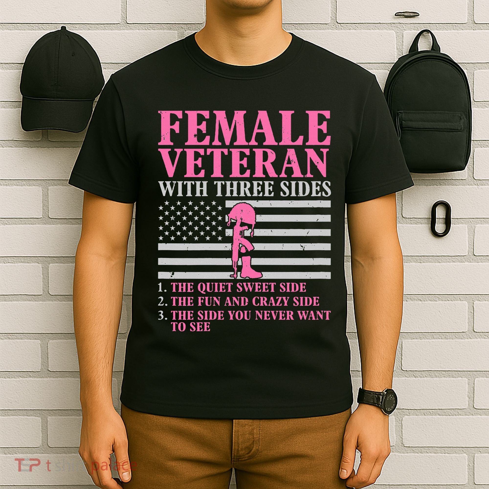 Female Veteran With Three Sides Women Veteran Mother Grandma T-Shirt