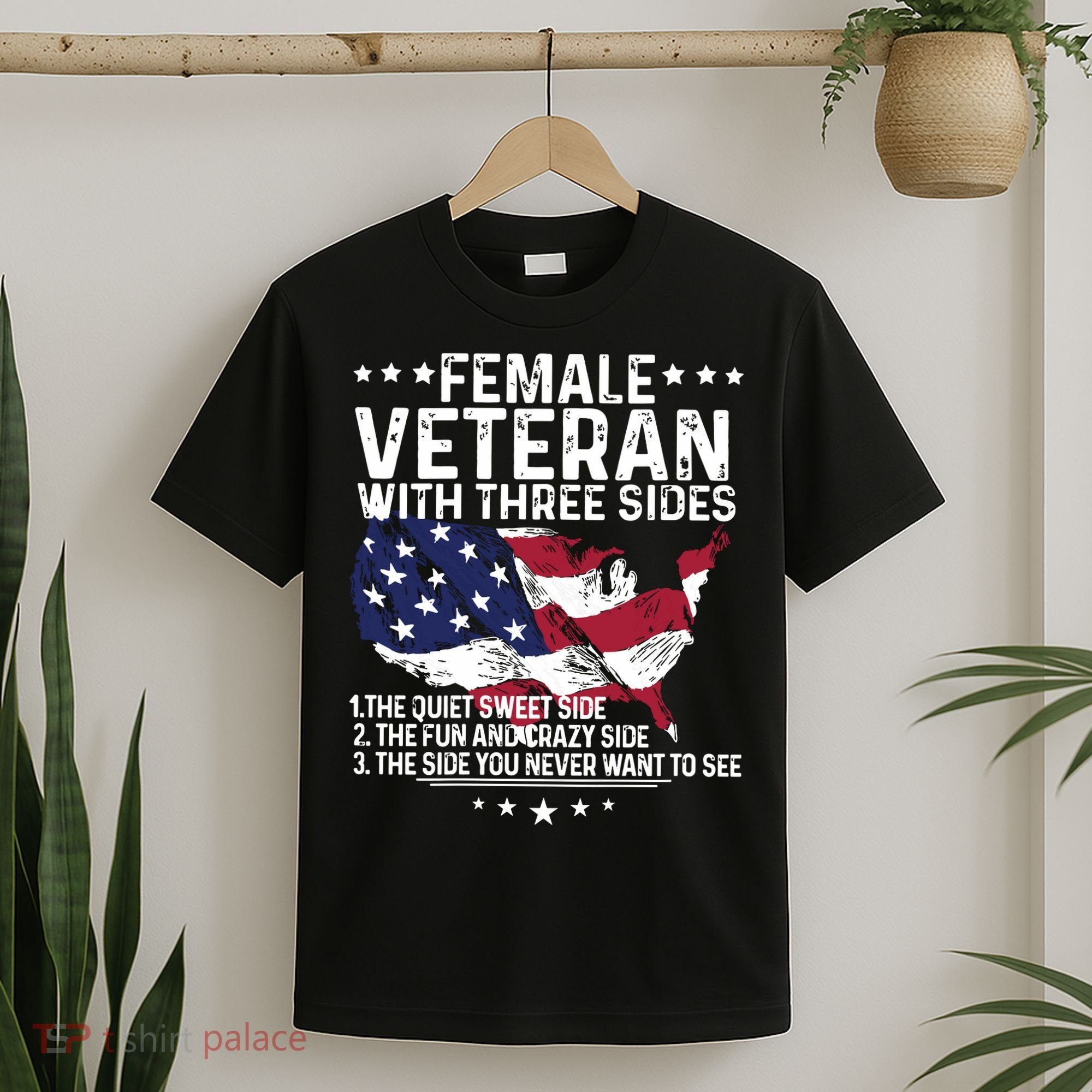 Female Veteran With Three Sides Women Veteran American Flag T-Shirt