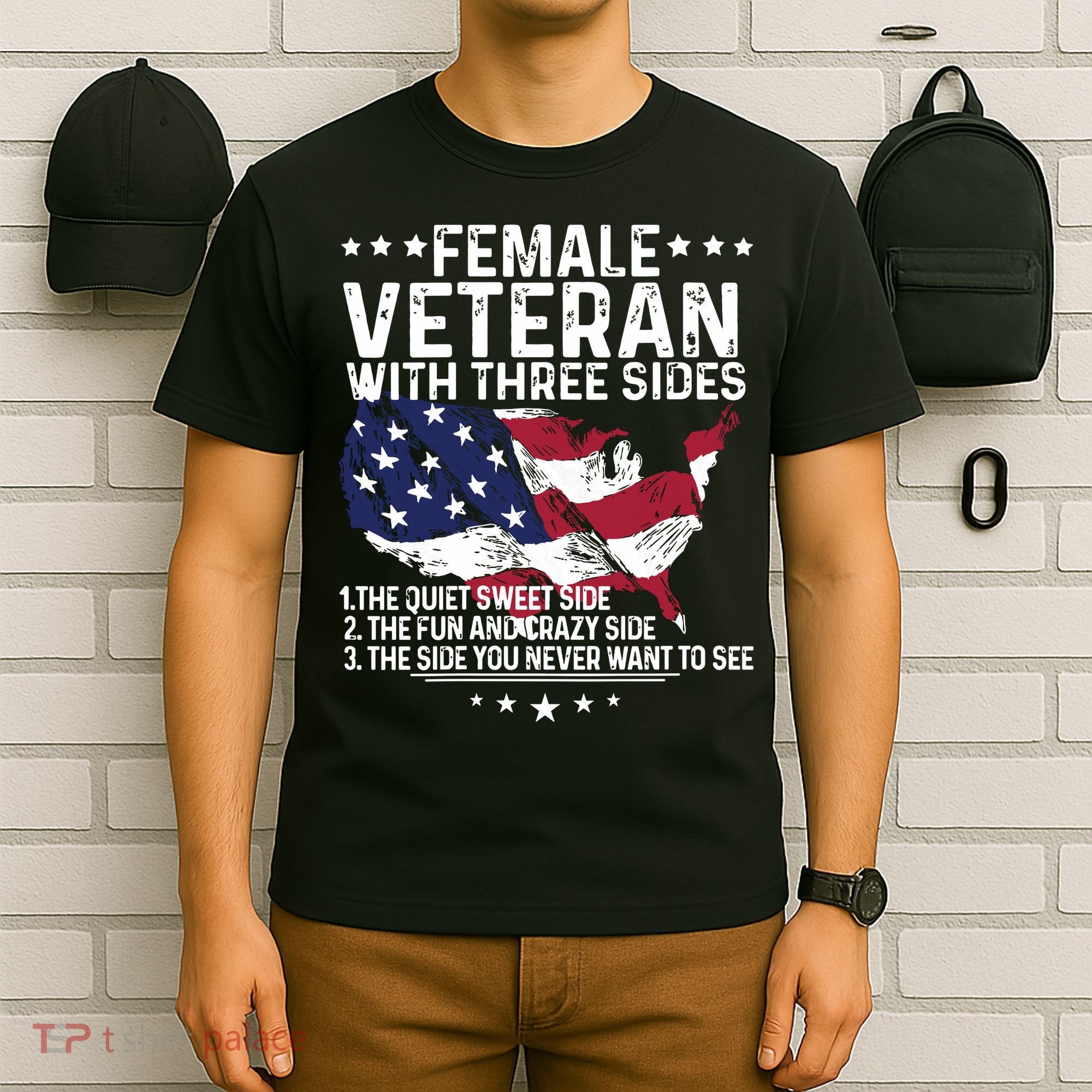 Female Veteran With Three Sides Women Veteran American Flag T-Shirt