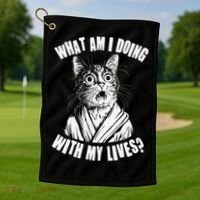 Funny What Am I Doing With My Lives Existential Crisis Cat Golf Towel thumb 1