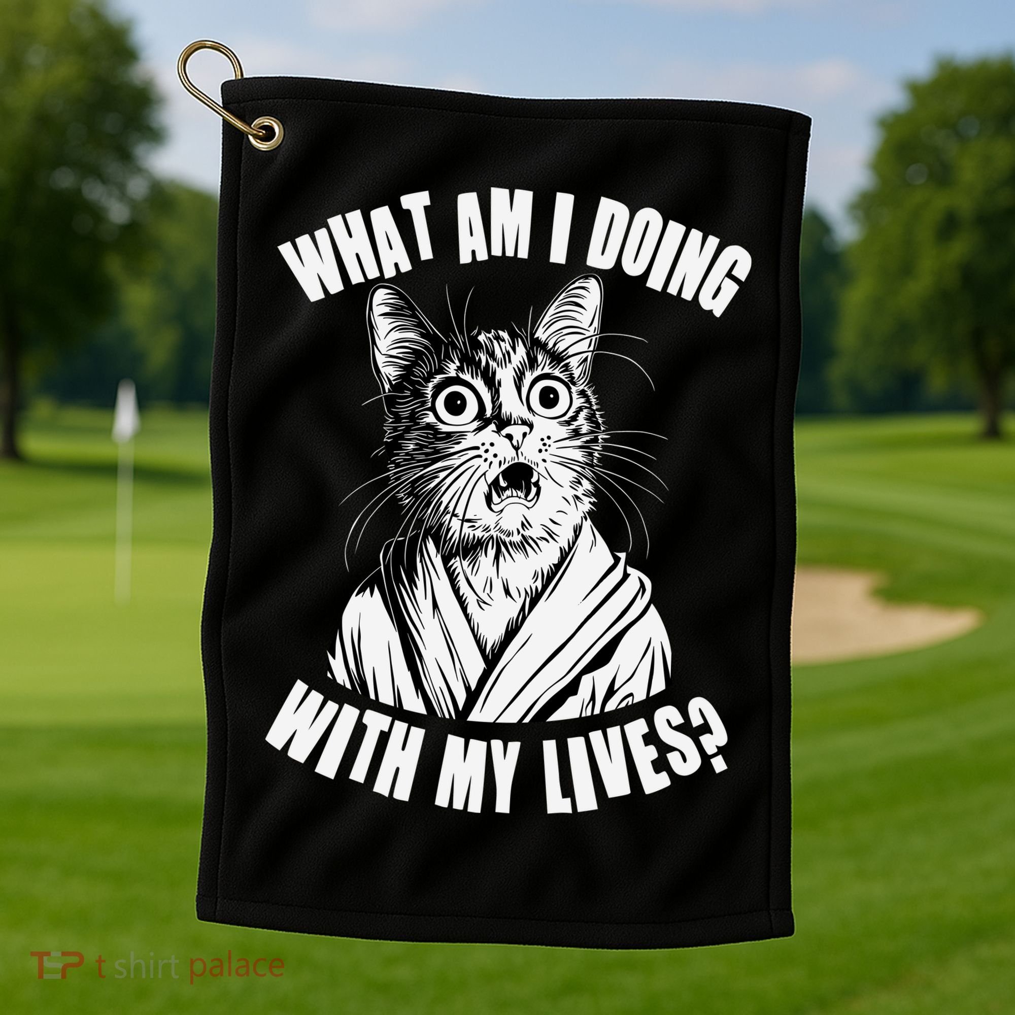 Funny What Am I Doing With My Lives Existential Crisis Cat Golf Towel
