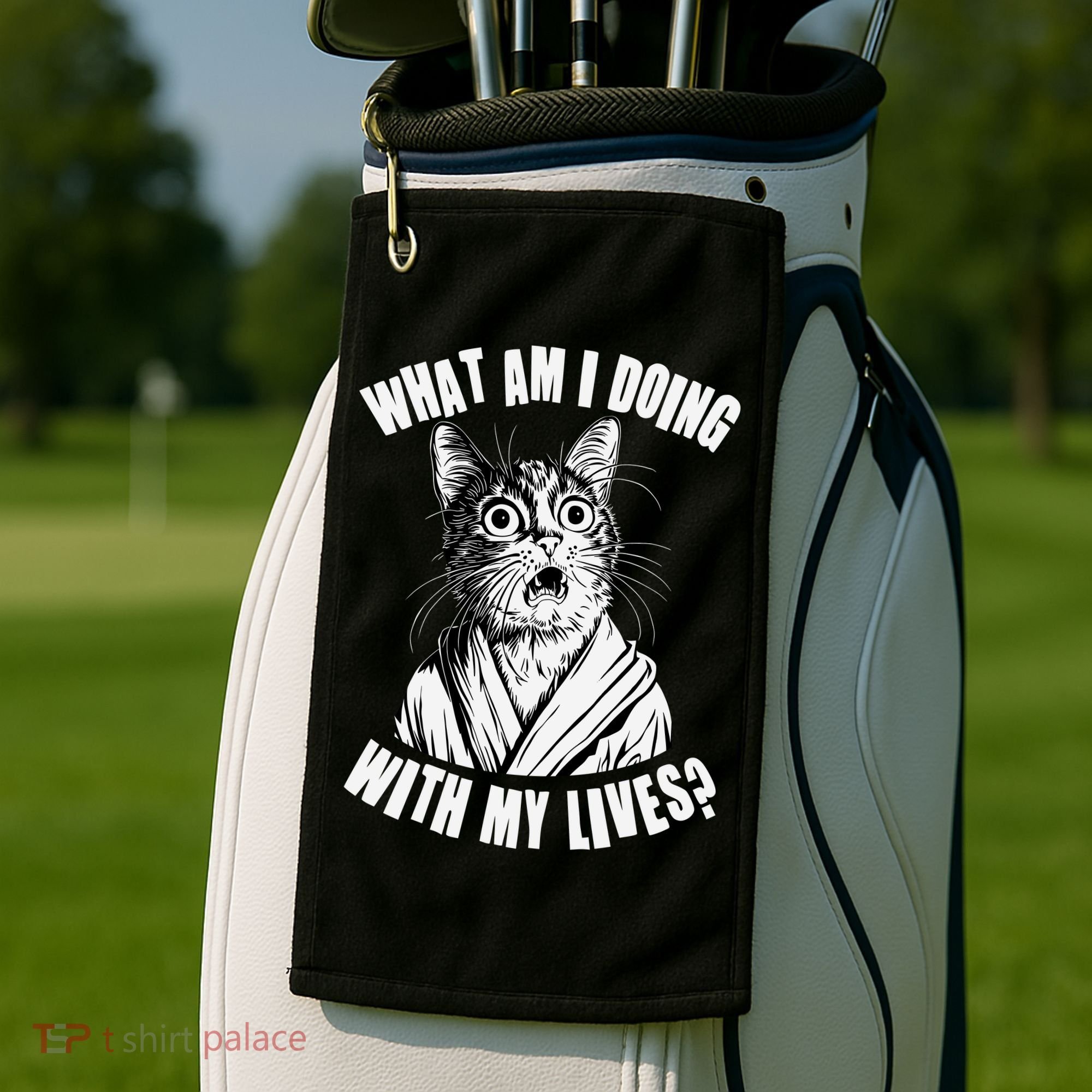 Funny What Am I Doing With My Lives Existential Crisis Cat Golf Towel