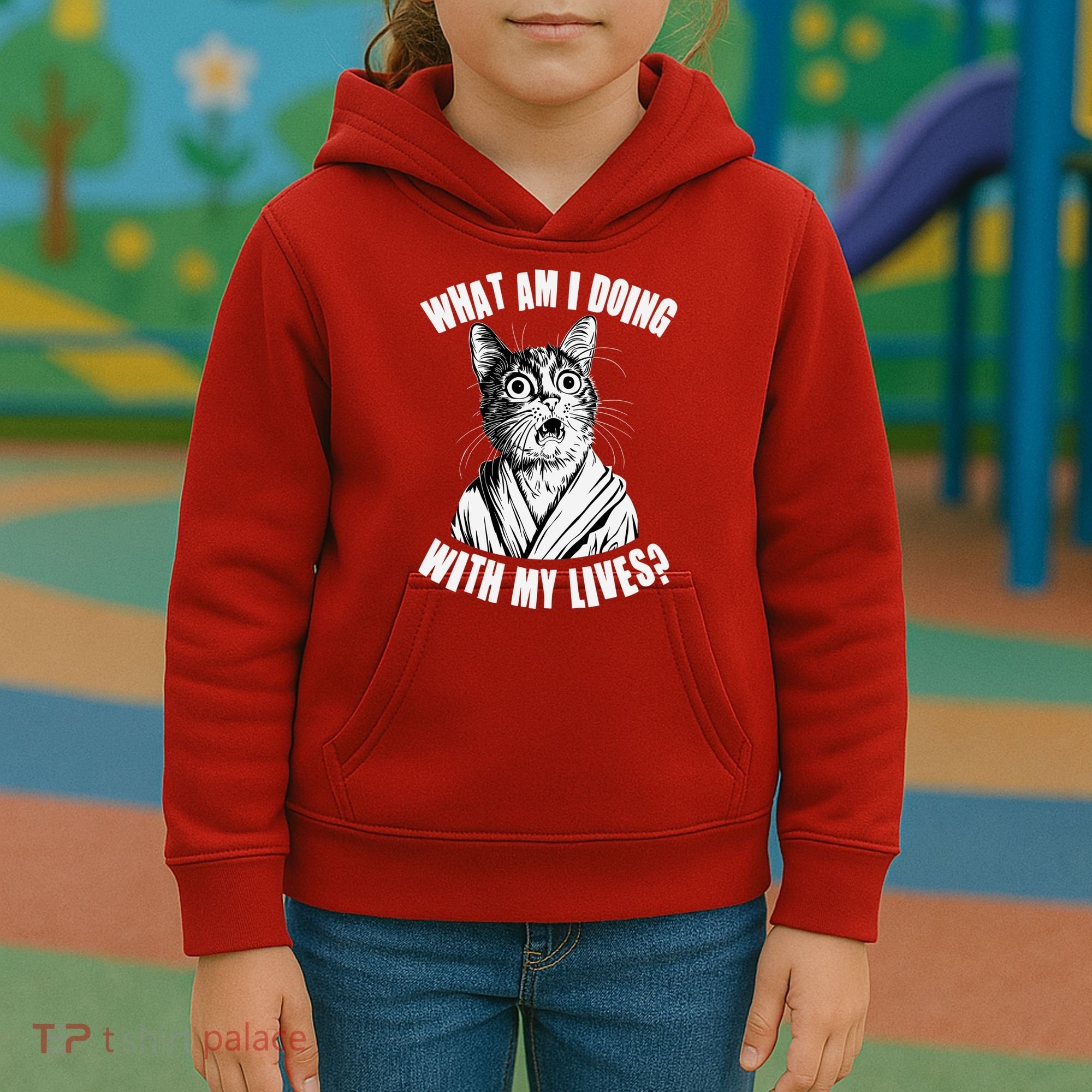 Funny What Am I Doing With My Lives Existential Crisis Cat Kids Hoodie