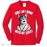 Funny What Am I Doing With My Lives Existential Crisis Cat Kids Long Sleeve Shirt thumb 0