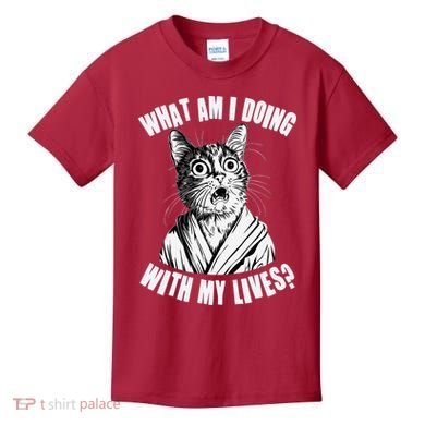 Funny What Am I Doing With My Lives Existential Crisis Cat Kids T-Shirt