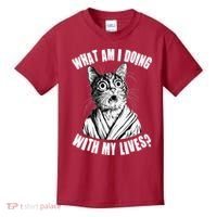 Funny What Am I Doing With My Lives Existential Crisis Cat Kids T-Shirt thumb 0