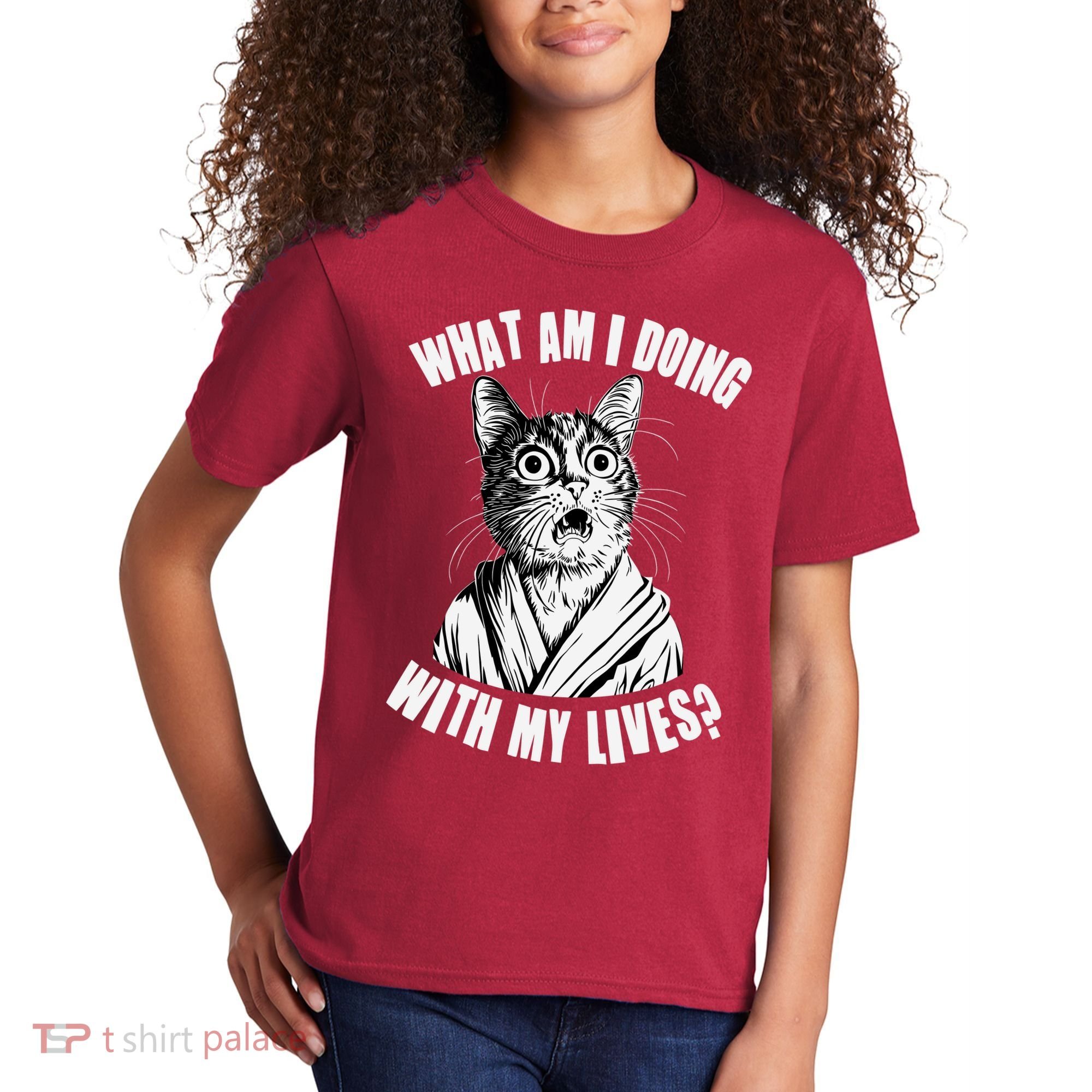 Funny What Am I Doing With My Lives Existential Crisis Cat Kids T-Shirt