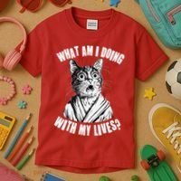 Funny What Am I Doing With My Lives Existential Crisis Cat Kids T-Shirt thumb 3