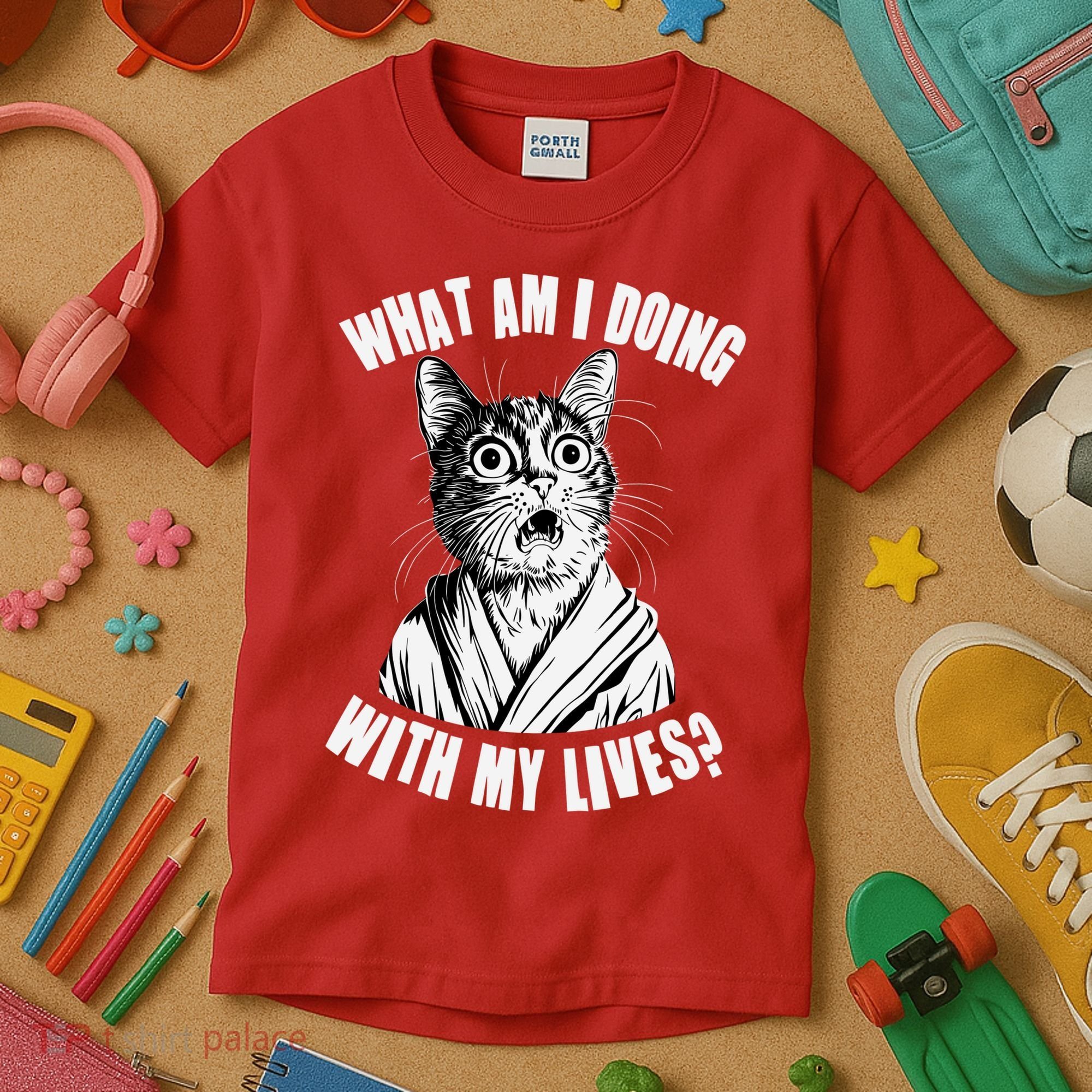 Funny What Am I Doing With My Lives Existential Crisis Cat Kids T-Shirt
