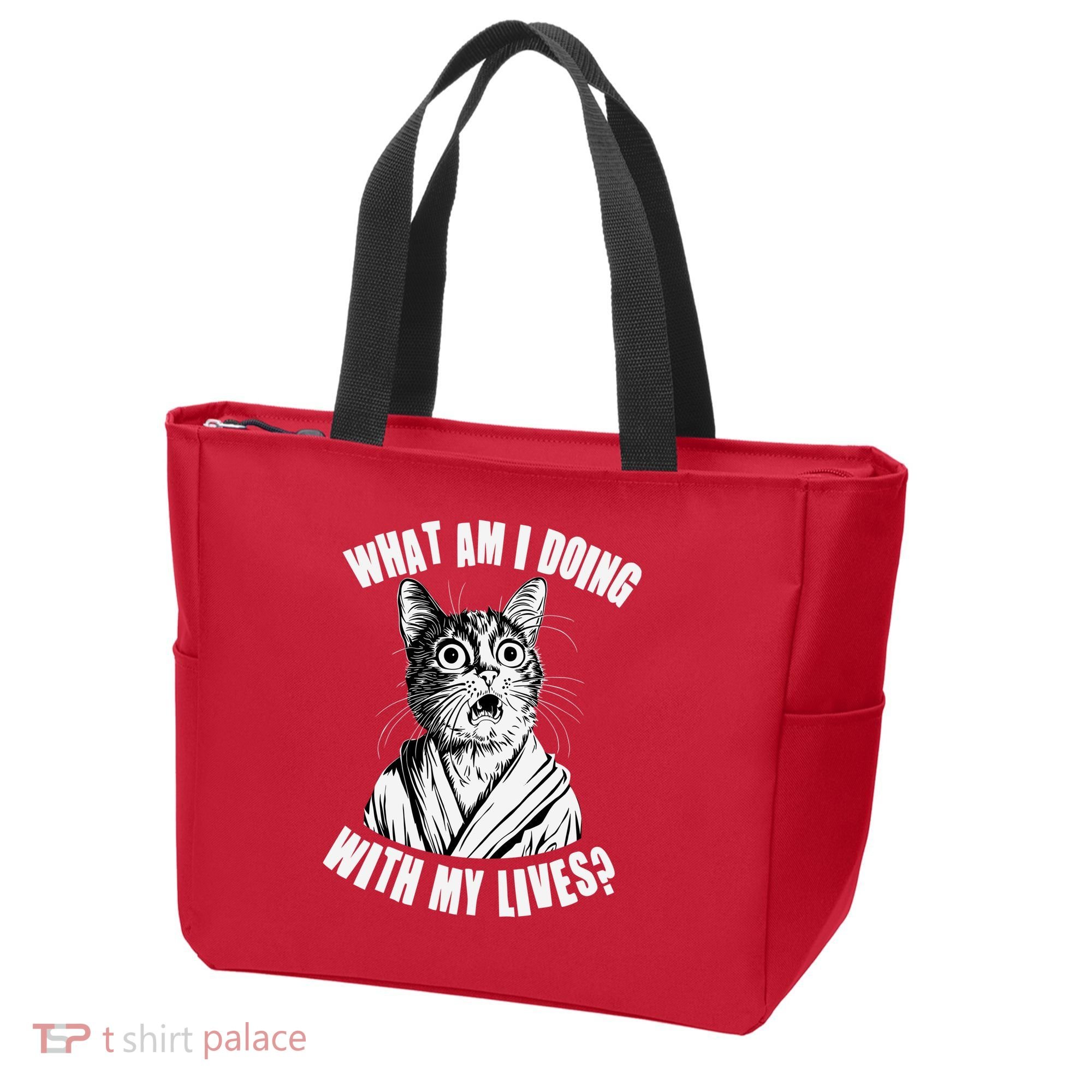 Funny What Am I Doing With My Lives Existential Crisis Cat Tote Bag