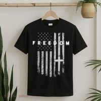 Freedom With Cross American USA Flag Faith Christian T-Shirt thumb 2