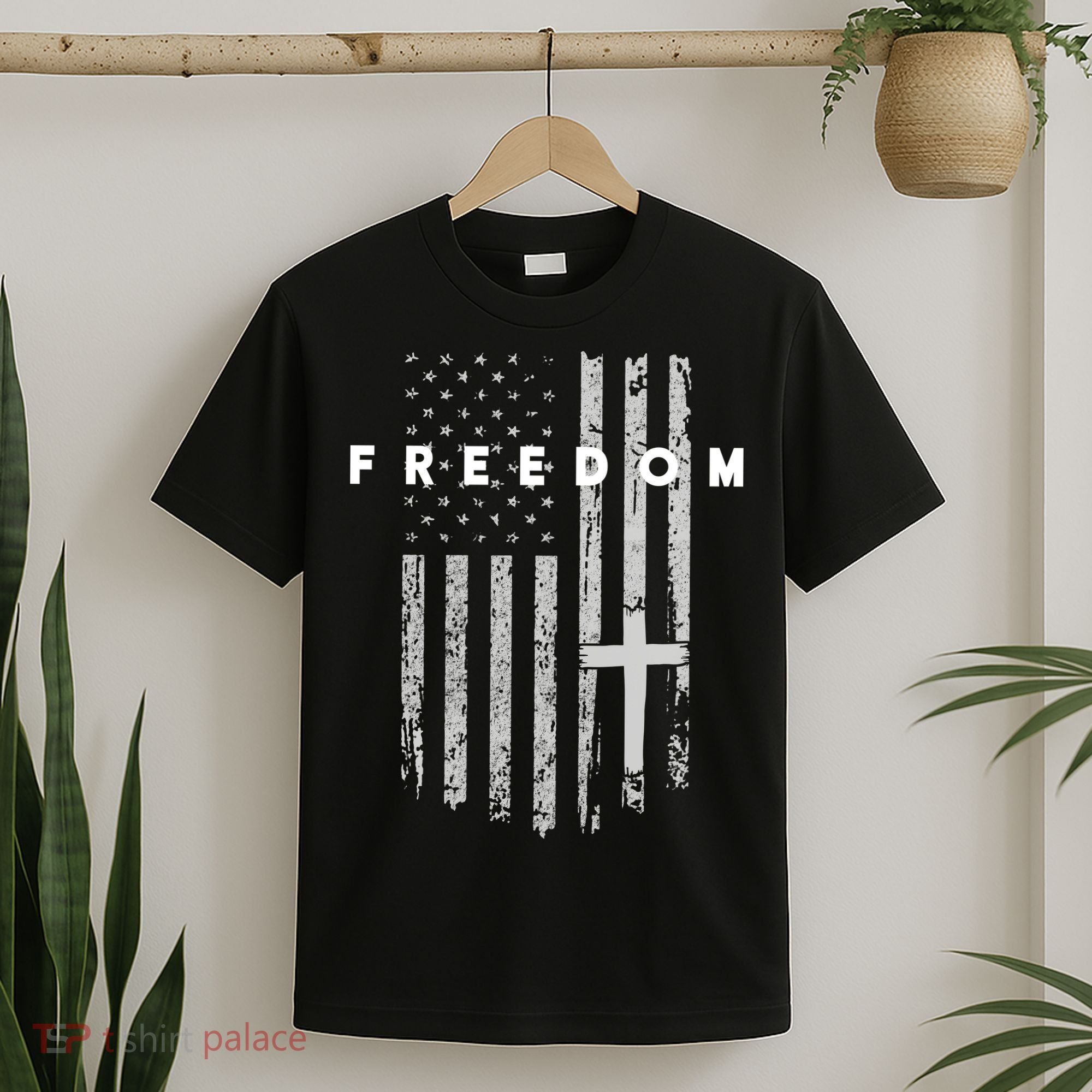 Freedom With Cross American USA Flag Faith Christian T-Shirt