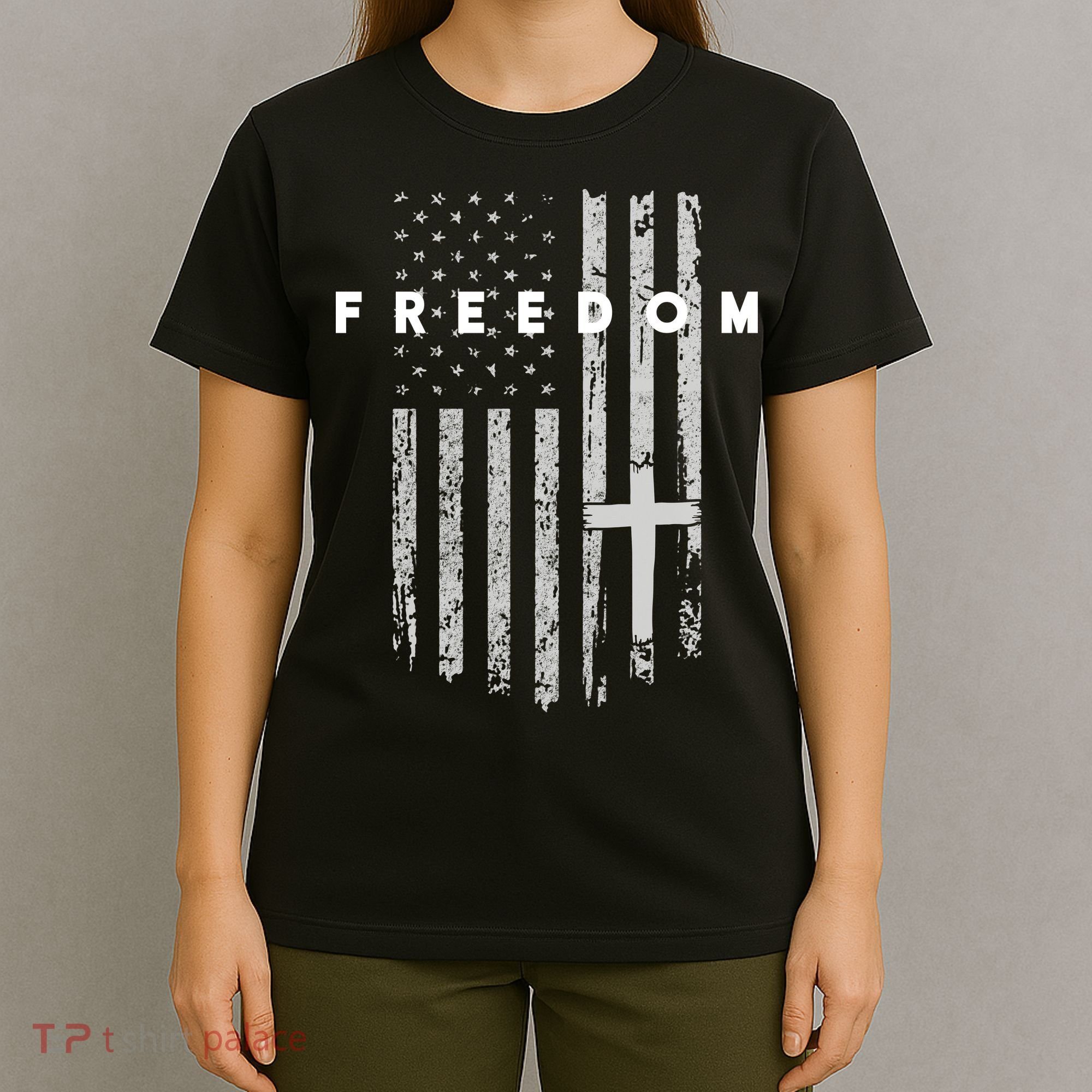 Freedom With Cross American USA Flag Faith Christian T-Shirt