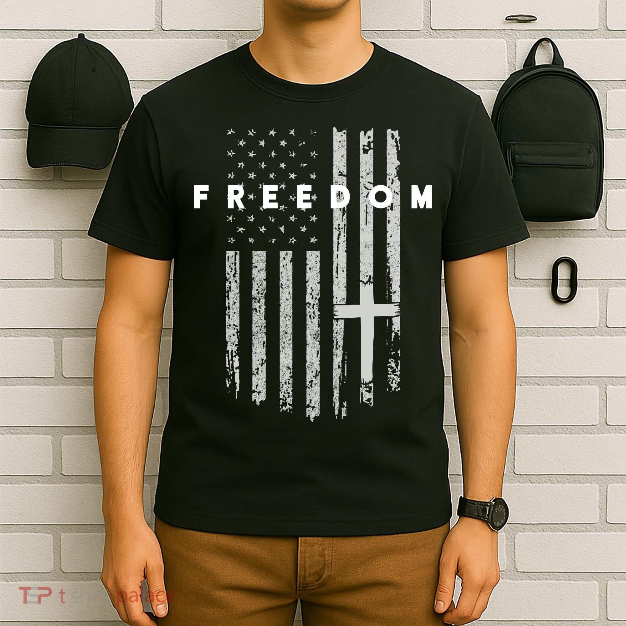 Freedom With Cross American USA Flag Faith Christian T-Shirt
