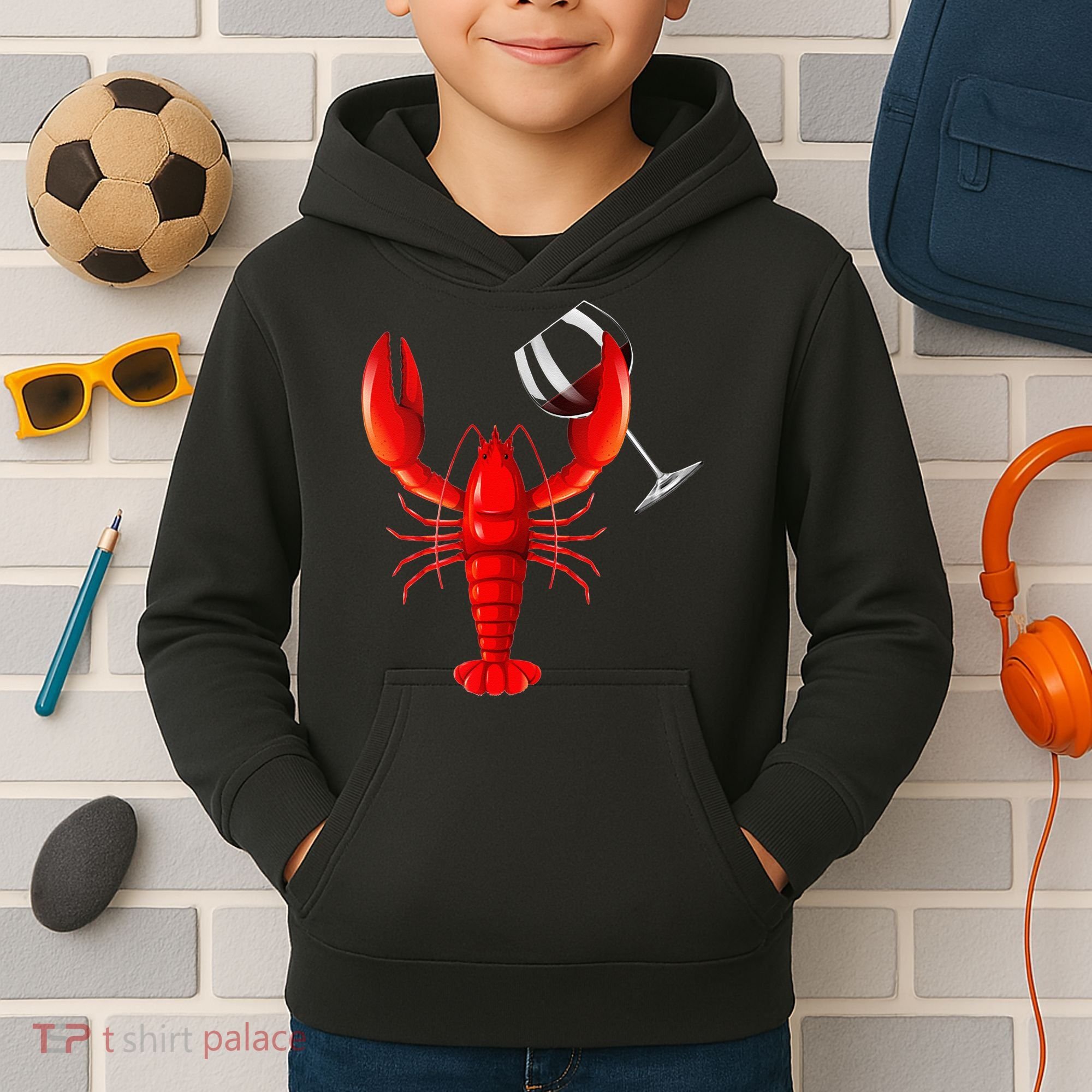 Funny Wine Drinking Lobster Red Crawfish Wine Lovers Gift Kids Hoodie