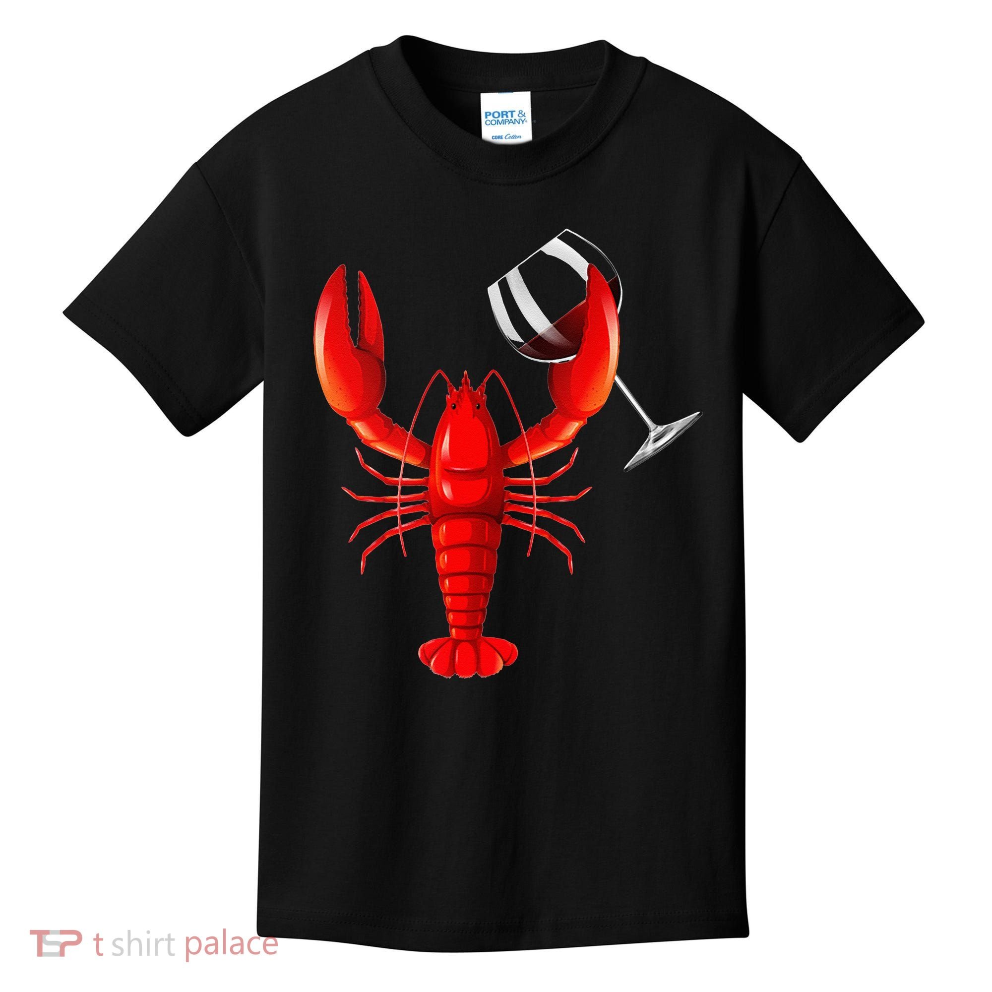 Funny Wine Drinking Lobster Red Crawfish Wine Lovers Gift Kids T-Shirt