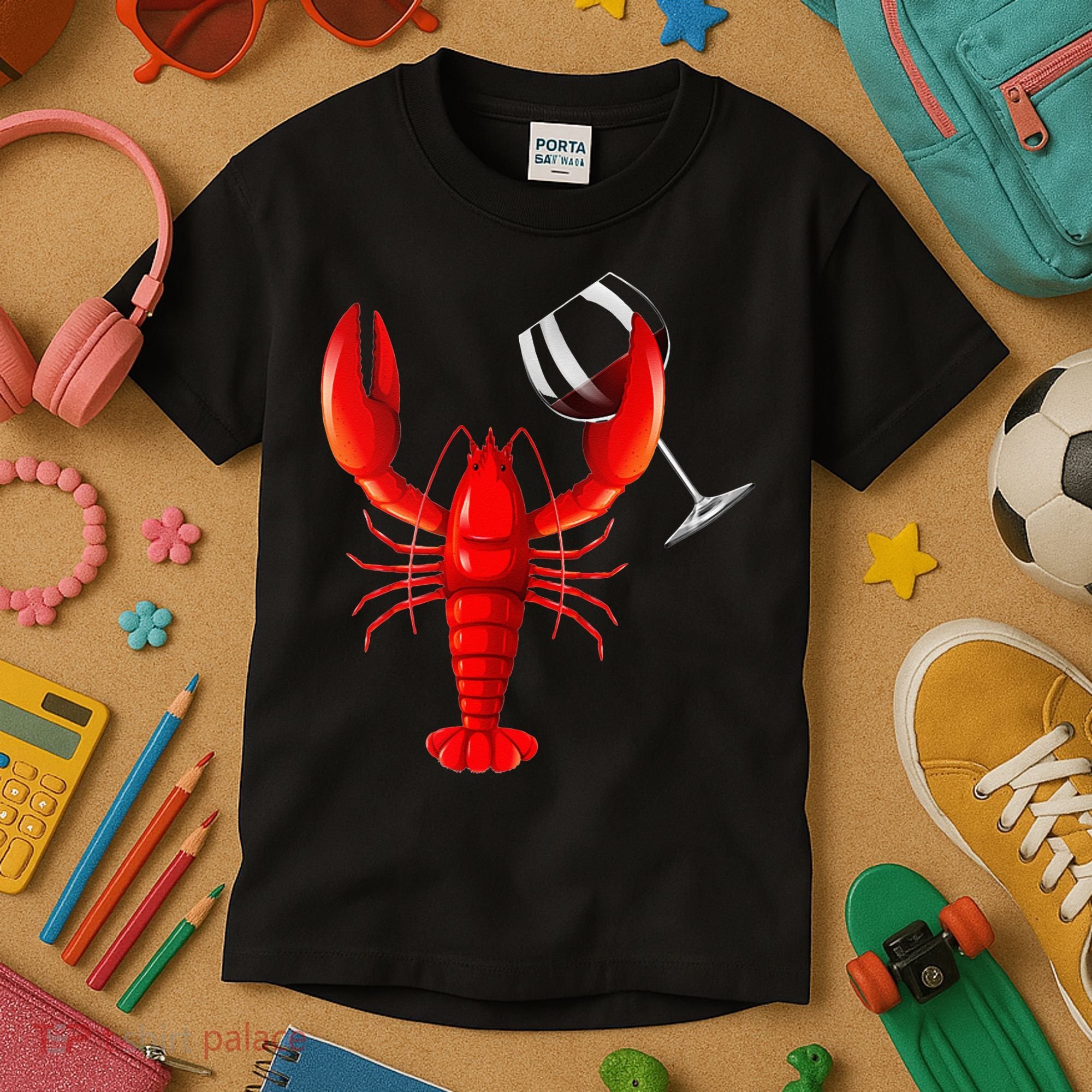 Funny Wine Drinking Lobster Red Crawfish Wine Lovers Gift Kids T-Shirt