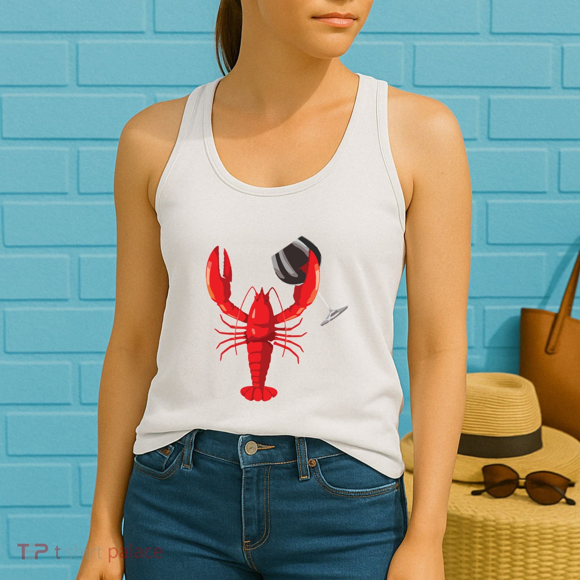 Funny Wine Drinking Lobster Red Crawfish Wine Lovers Gift Women's Tank Top