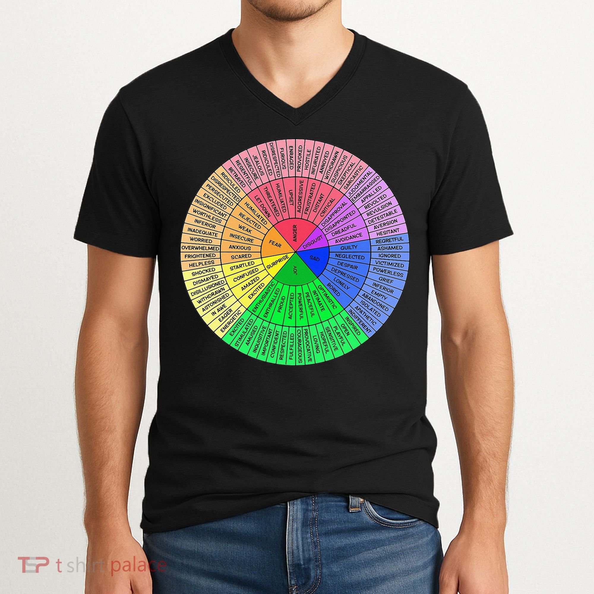 Feelings Wheel Emotion Chart Mental Health Therapy Chart V-Neck T-Shirt