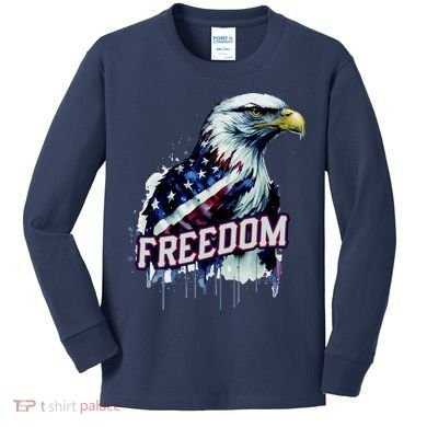 Freedom Watercolor Eagle With American Flag Kids Long Sleeve Shirt