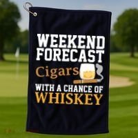 Funny Weekend Forecast Cigars And Whiskey Gift For Men Women Golf Towel thumb 1