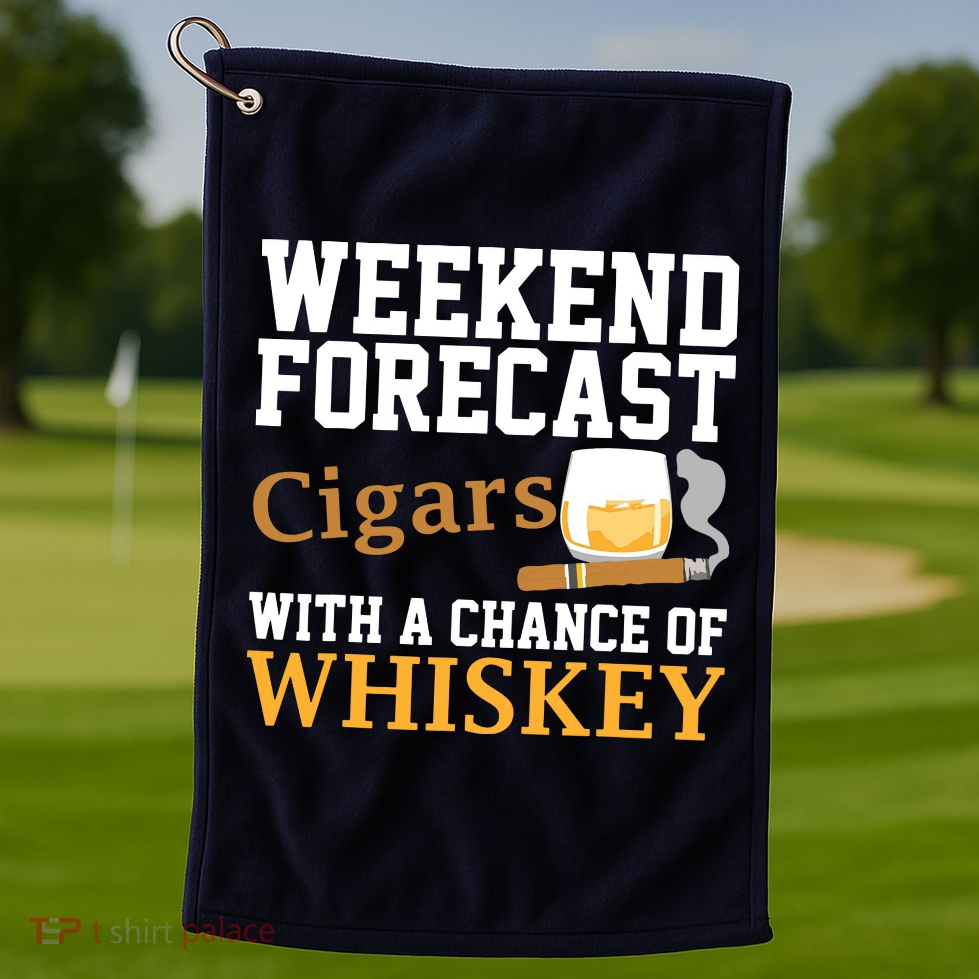 Funny Weekend Forecast Cigars And Whiskey Gift For Men Women Golf Towel