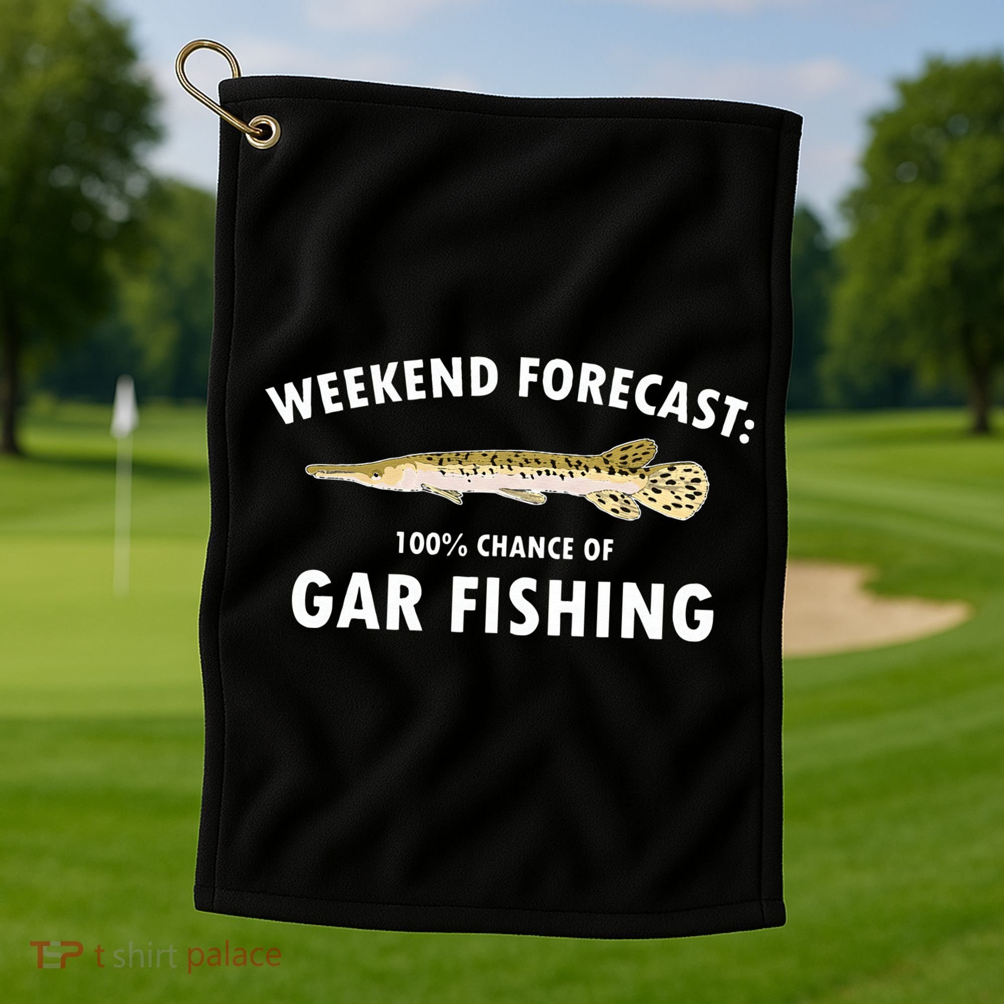Funny Weekend Forecast Alligator Gar Fishing Golf Towel