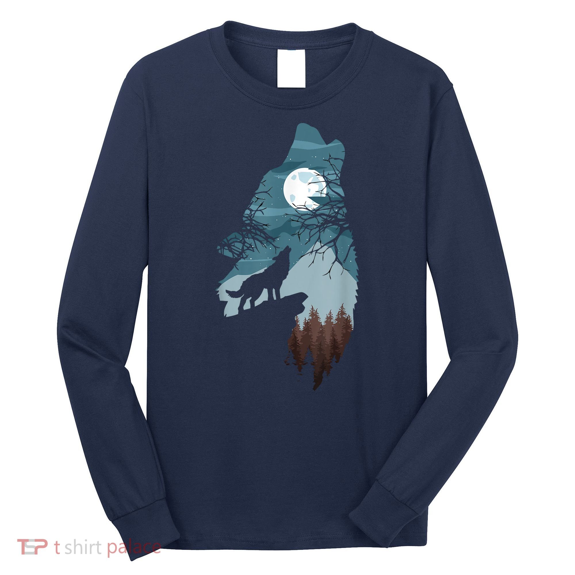 Forest With FullMoon And Cliff Of Silhouette Howling Long Sleeve Shirt