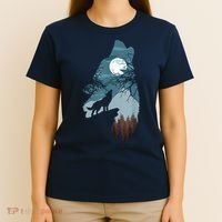 Forest With FullMoon And Cliff Of Silhouette Howling T-Shirt thumb 4