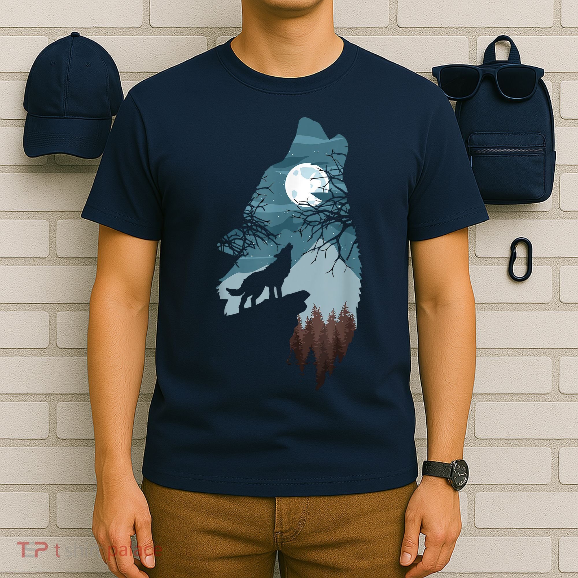 Forest With FullMoon And Cliff Of Silhouette Howling T-Shirt
